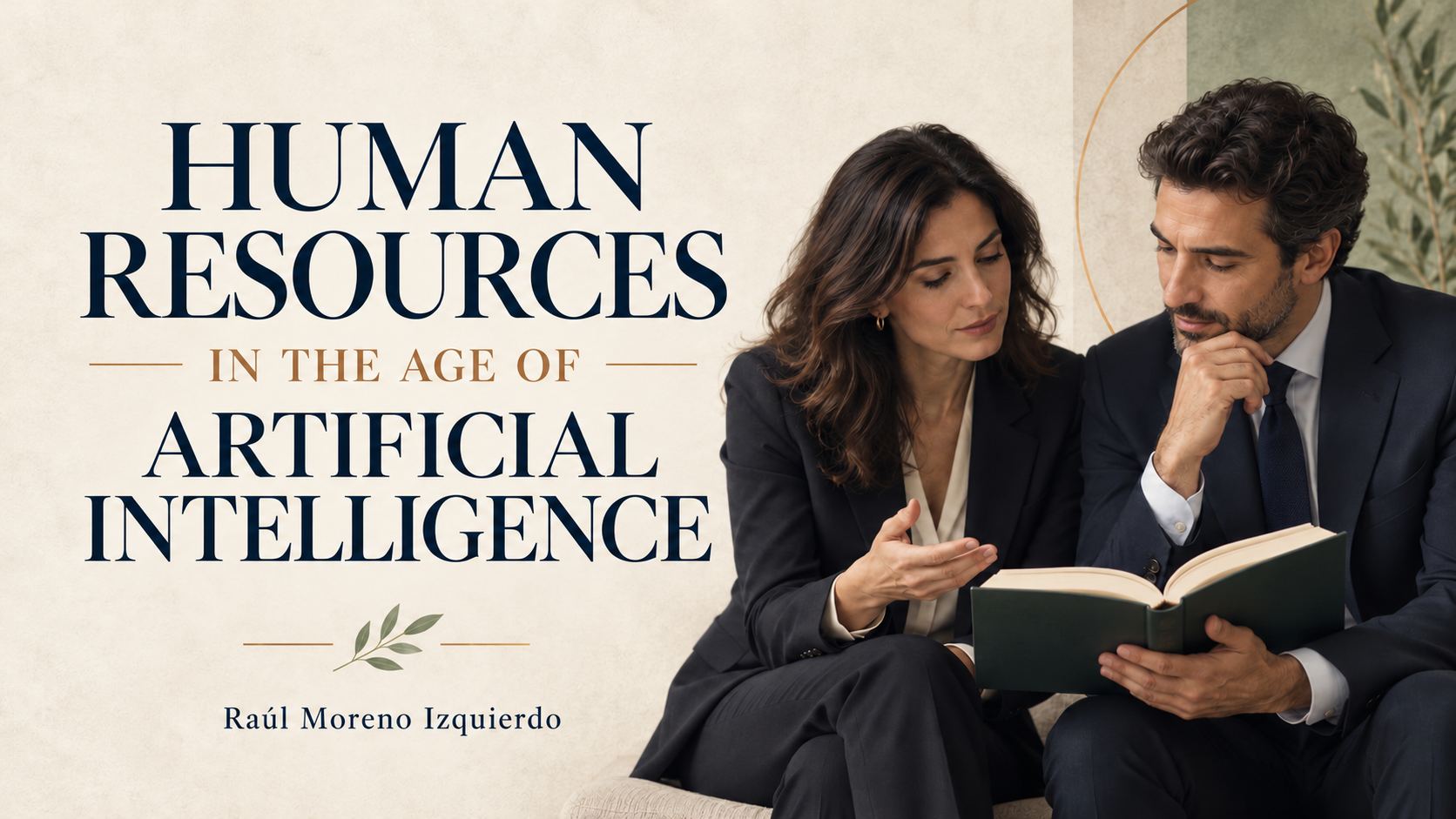 English cover showing a woman and a man in business suits reading a book about human resources and artificial intelligence.