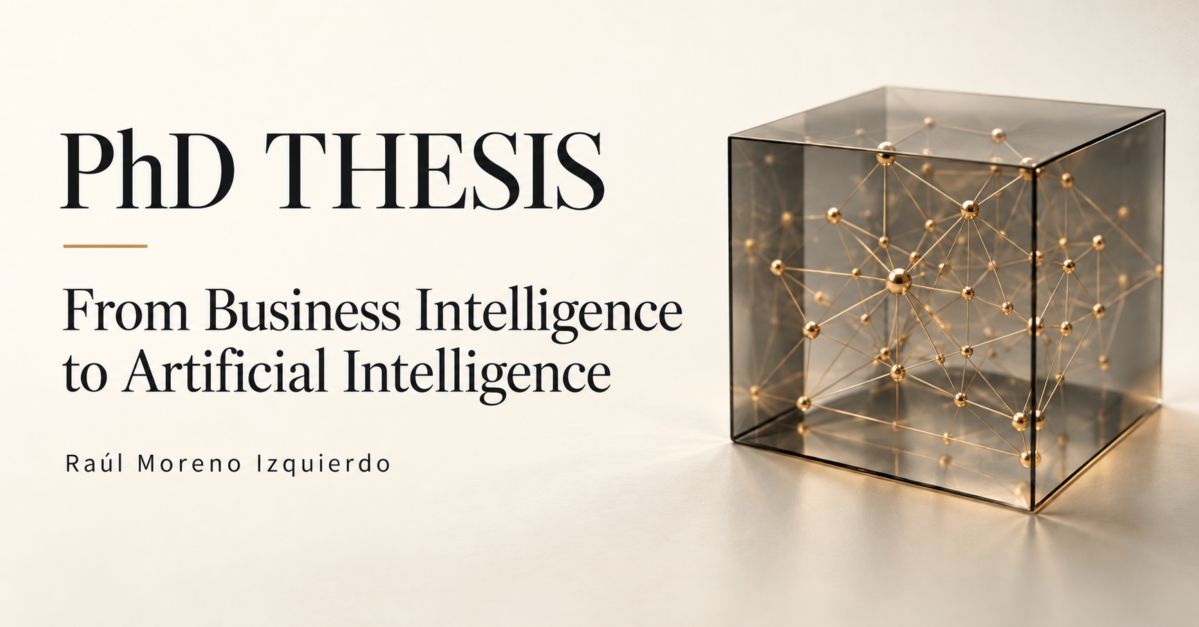English PhD thesis cover with a transparent cube and a network of golden connections.