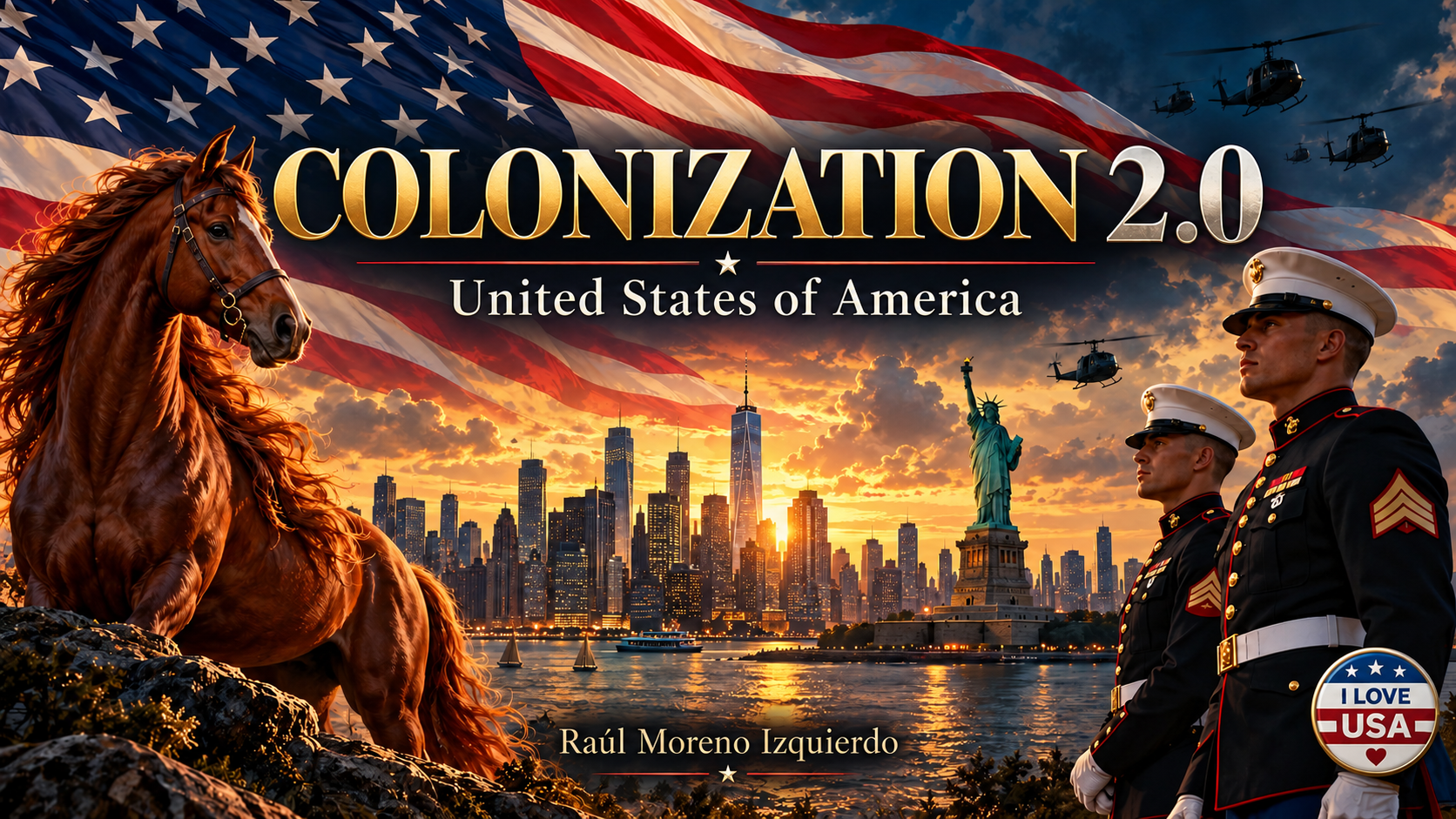 English Colonization 2.0 cover with the American flag, New York, a horse, Marines and helicopters.