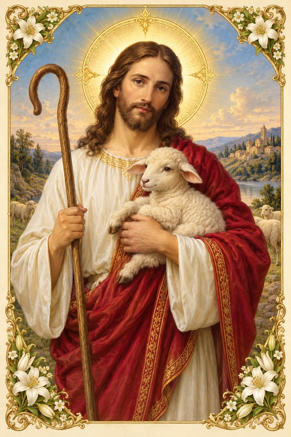 Imago pia Iesu Christi, Pastoris Boni, agnum tenentis.