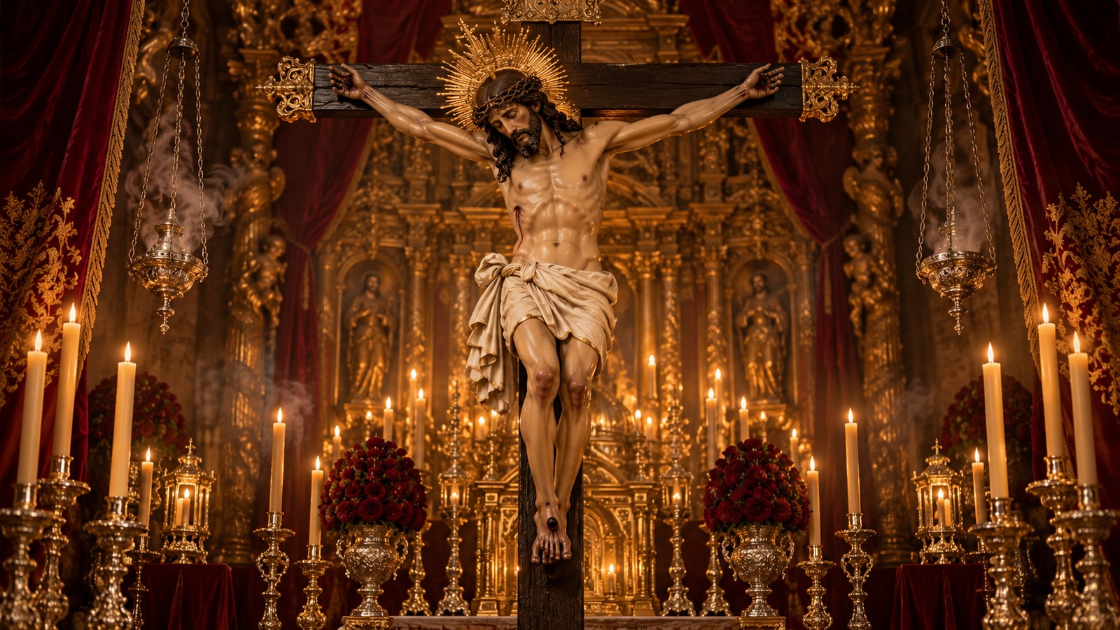 Christ on the cross, inspired by Spanish sacred sculpture, in a candlelit chapel.