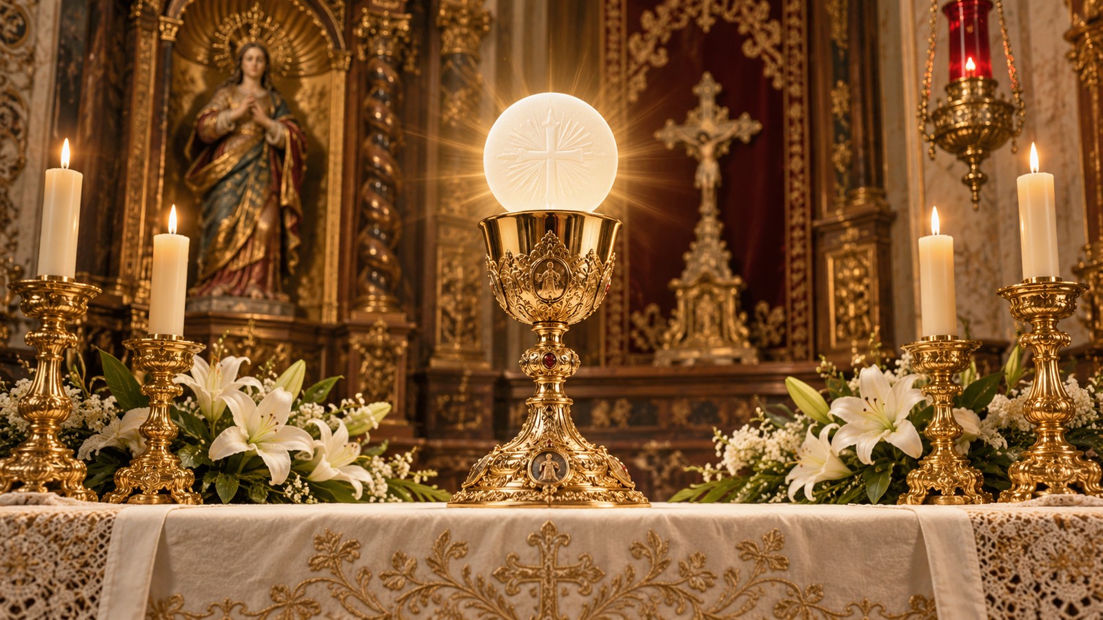 Cáliz y hostia en un altar católico.