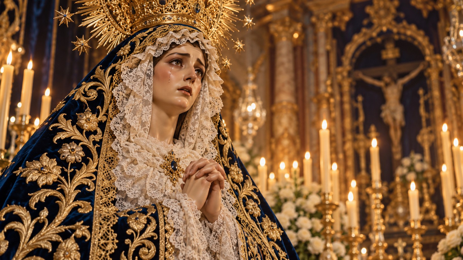 Our Lady of Sorrows in a blue mantle and crown.