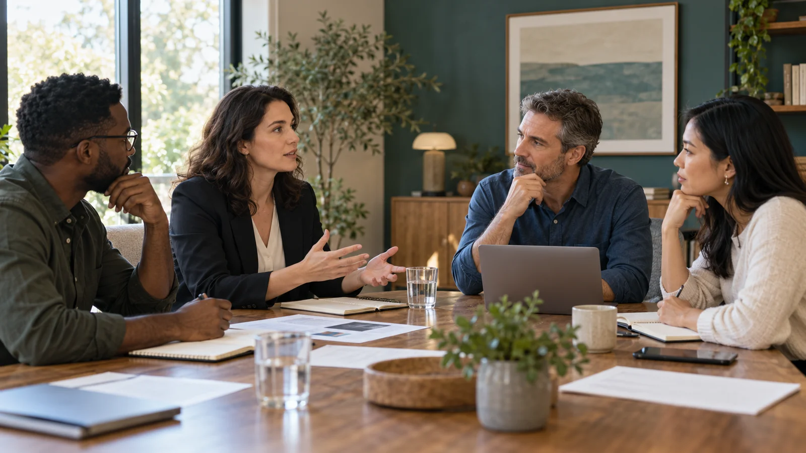 Four professionals listen and discuss proposals around a negotiation table