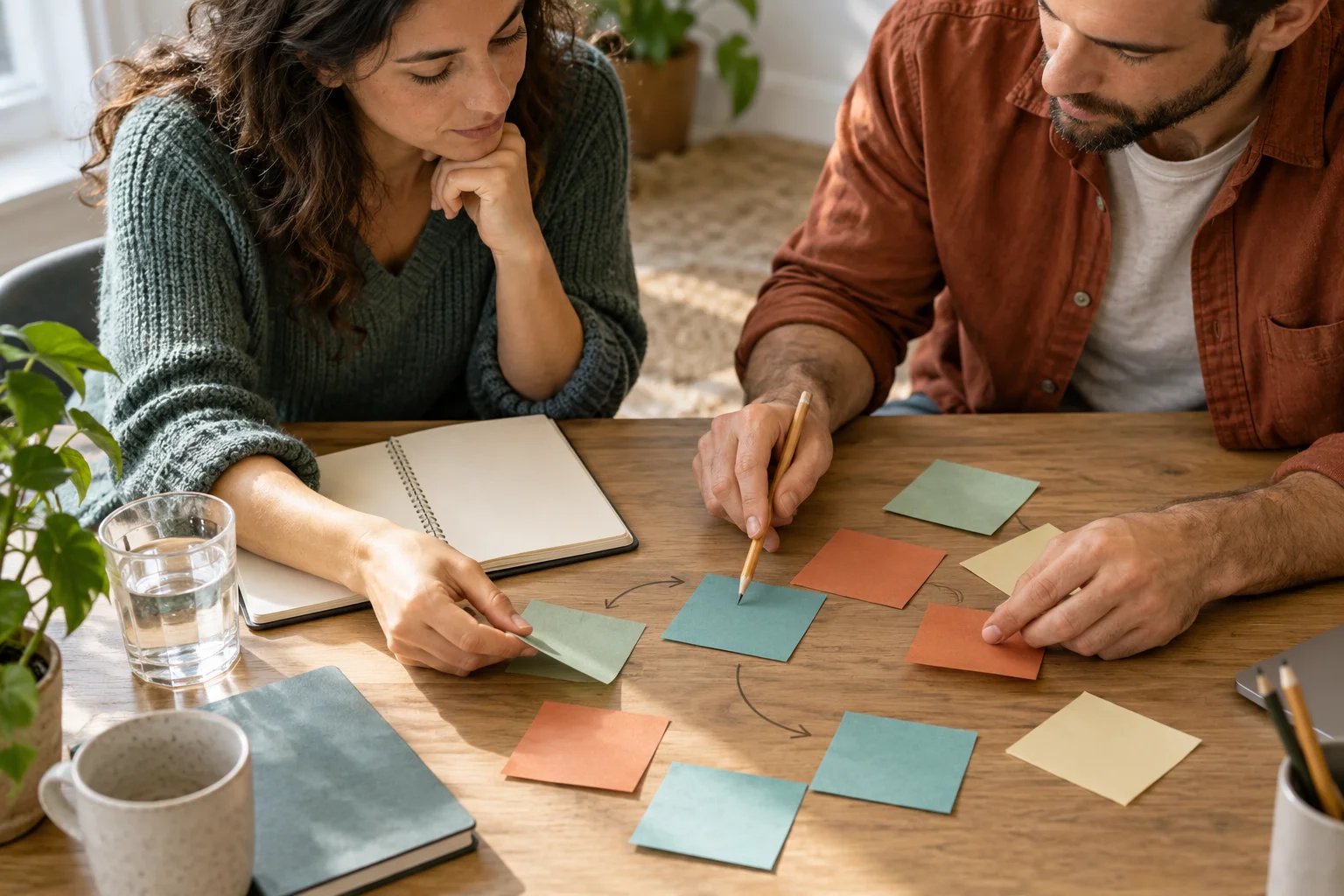Two people explore alternatives using colored notes on a table