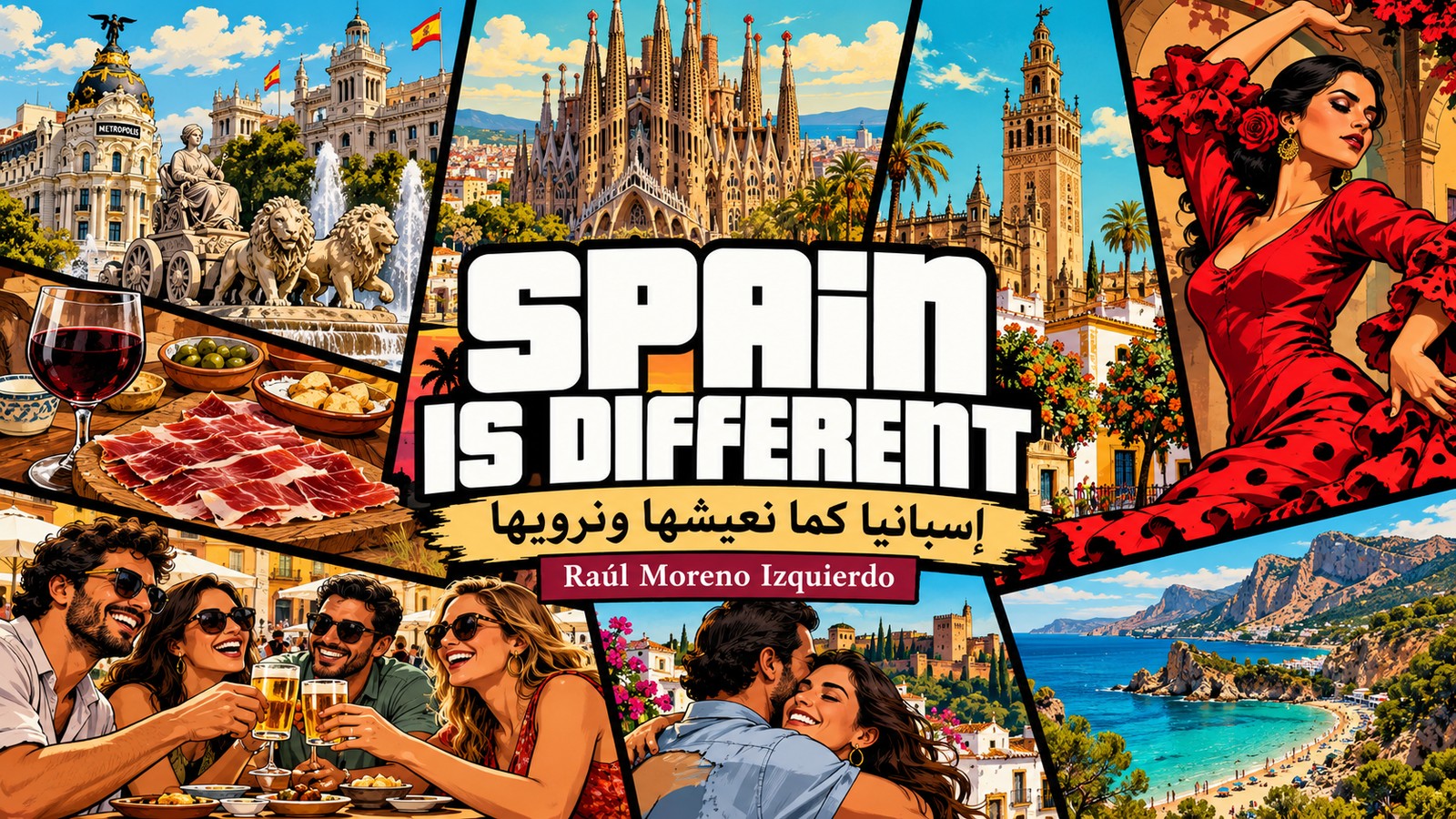 Spain is Different: غلاف بلوحات تجمع مدن إسبانيا والفلامنكو والطعام ولقاءات الأصدقاء.