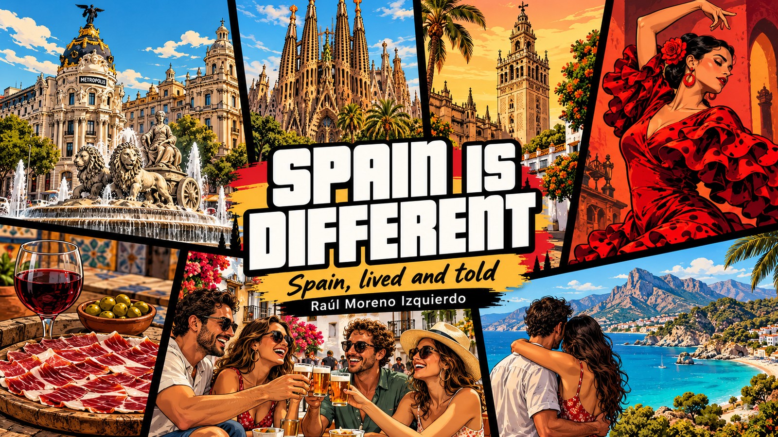 Spain is Different: a panelled cover featuring Spanish cities, flamenco, food and friends together.