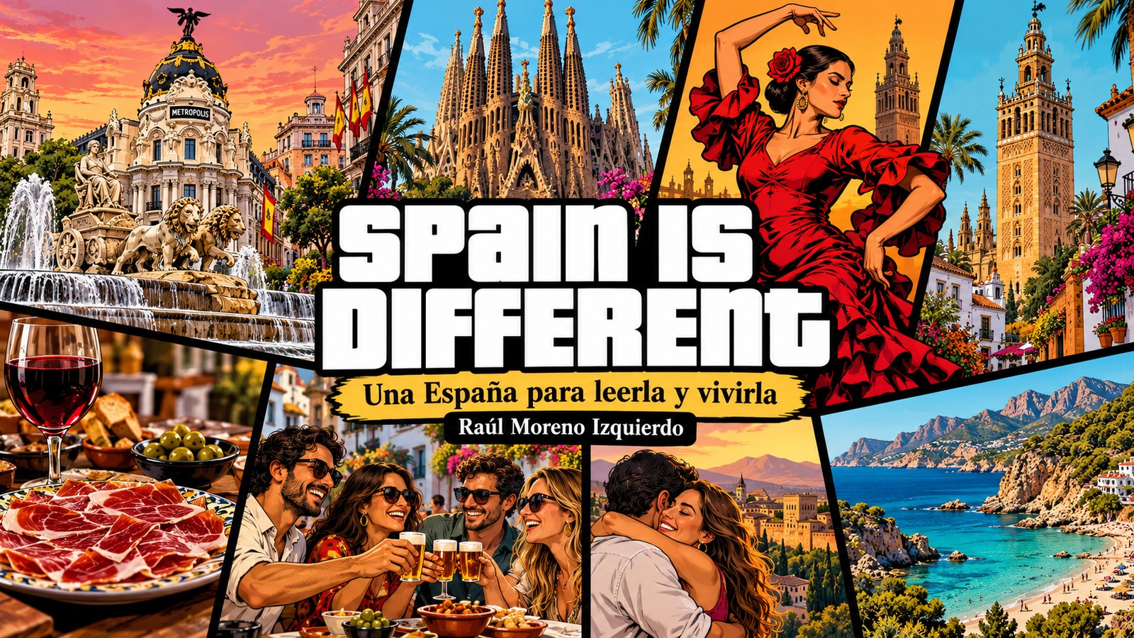 Spain is Different: portada por viñetas con ciudades españolas, flamenco, gastronomía y encuentros entre amigos.