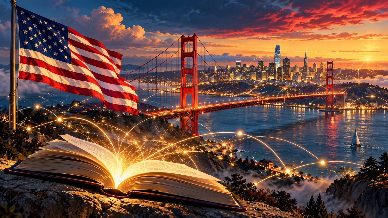 Ilustración editorial de Estados Unidos: paisajes, símbolos y escenas estadounidenses.